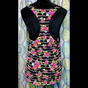 Jenni Black & Pink Floral Racerback Tank Top See-thru Back Women's XL Activewear